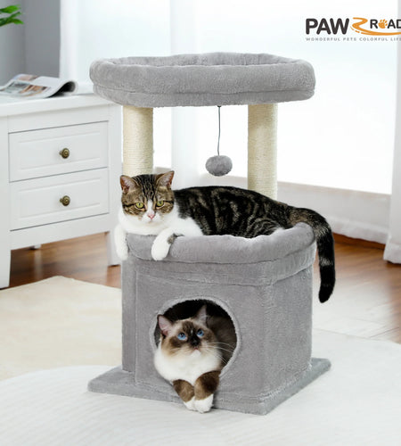 Cat Tree Condo 27" Cat Tower with Large Top Perch and Scratching Posts for Kittens and Medium Cats, Gray