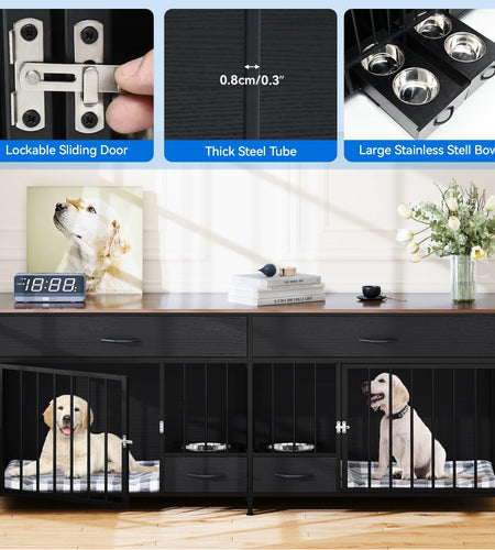 Indoor Dog Crate Furniture Large Breed with Storage&Dog Feeder, Double Dog Kennel Furniture TV Stand, 74.8" Inch Wooden Decorative Dog Kennel Furniture for 2 Dogs, Black