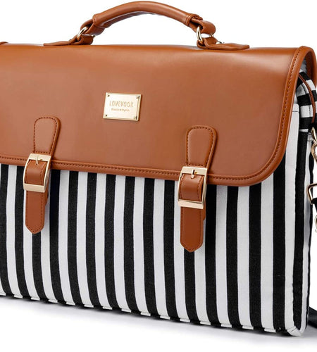 Computer Bag Laptop Bag for Women Cute Laptop Messenger Bag for Work College, Black Stripe Brown, 15.6-Inch