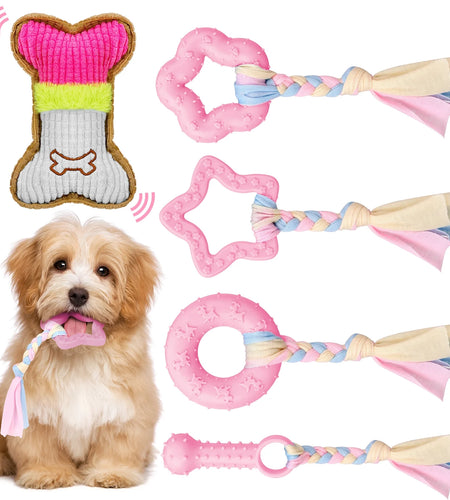 5 Pack Puppy Chew Toys for Teething Small Dogs,Pink Rubber Puppy Teething Toys Plush Squeaky Dog Toys for Cleaning Teeth Interactive Pet Doggy Bone Toys