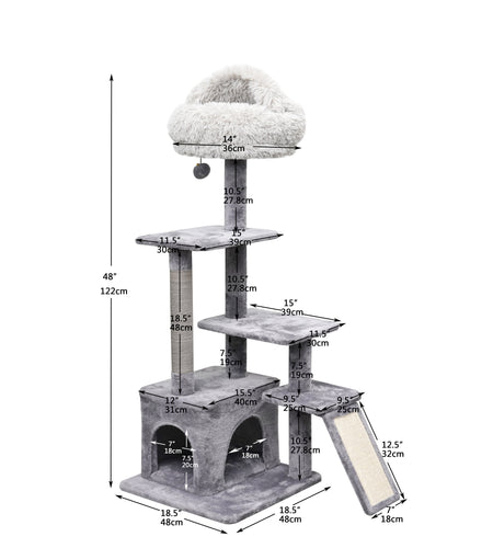 4-Level Grey Cat Tree with Condo and Scratching Pad, 48'' Height