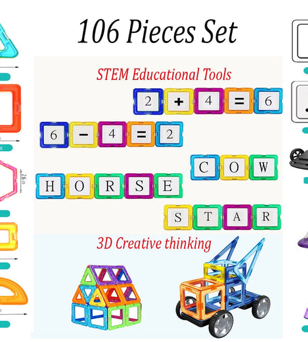 106 PCS Magnetic Tiles Set, STEM Building Block Preschool Educational Construction Kit，3D Magnetic Toys (106 Pieces) Age: 3 and Above