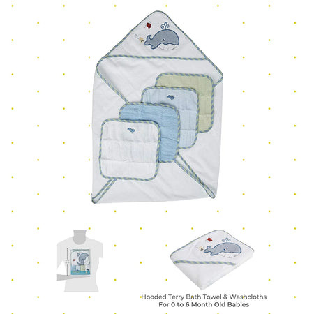 Baby Cotton Terry Hooded Towel & Washcloth Bath Shower Set for Newborns and Infants, 5 Piece Set, Blue Whale