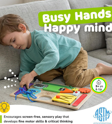 Montessori Busy Board for Toddlers, Kids Sensory Toy Wooden Activity Board with 10 Preschool Educational Activities to Develop Fine Motor Skills, Travel Toy, Boys & Girls Gift
