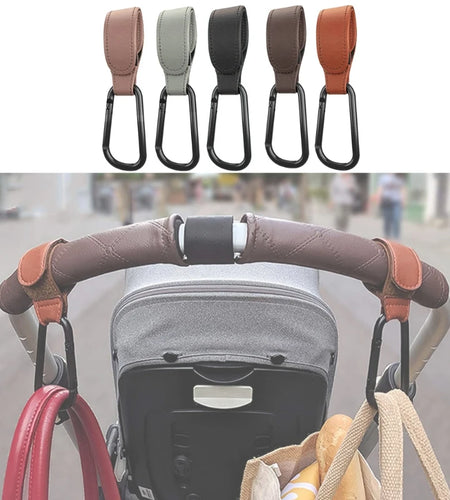 Convenient Baby Stroller Hooks Clips Stroller Accessories Aluminum Alloy Carabiner for Hanging Diaper Bags PU Leather