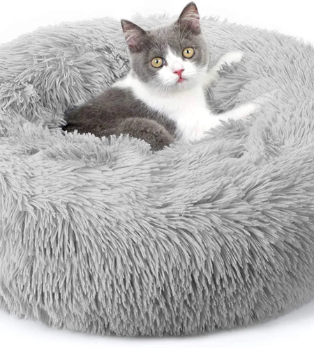Cat Bed for Indoor Cats, Fluffy round Self Warming Calming Soft Plush Donut Cuddler Cushion Pet Bed for Small Dogs Kittens, 20 Inches