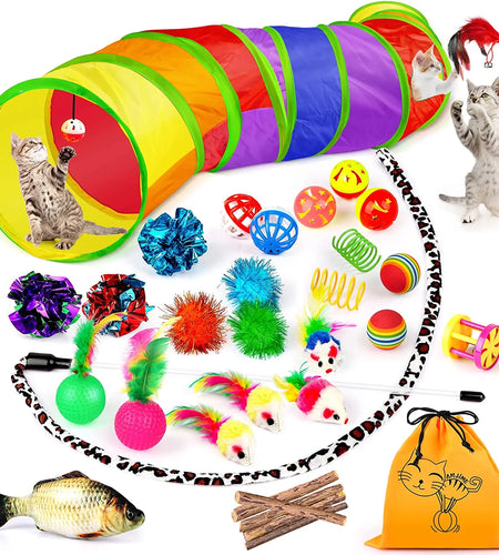 32 PCS Cat Toys Kitten Toys, Variety Catnip Toys with Rainbow Tunnel Interactive Cat Feather Teaser Spring Toy Set for Cat, Kitty