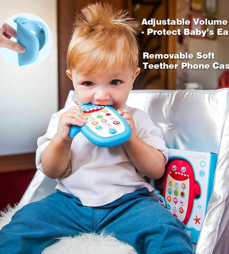 Baby Shark Cell Phone Toy Removable Teether Case, Light, Music & Adjustable Volume Kids Play & Learn Fake Phone Infant Toddler, Preschool Christmas Birthday Gift for Girl Boy 0-6, 6-18 Months (Blue)