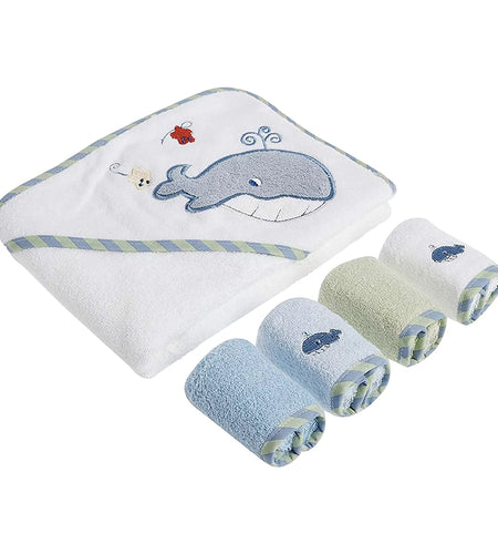 Baby Cotton Terry Hooded Towel & Washcloth Bath Shower Set for Newborns and Infants, 5 Piece Set, Blue Whale