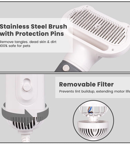 2 in 1 Dog Hair Dryer, Dog Brush for Shedding, Dog Grooming Kit with Slicker Brush, Cat Brush with Adjustable Temperature