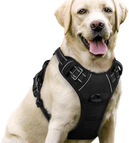 Dog Harness, No-Pull Pet Harness with 2 Leash Clips, Adjustable Soft Padded Dog Vest, Reflective Outdoor Pet Oxford Vest with Easy Control Handle for Large Dogs, Black